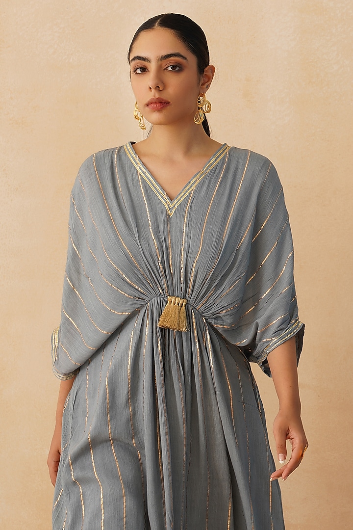 Grey Rayon Lurex Crepe Kaftan by Palak & Mehak at Pernia's Pop Up Shop
