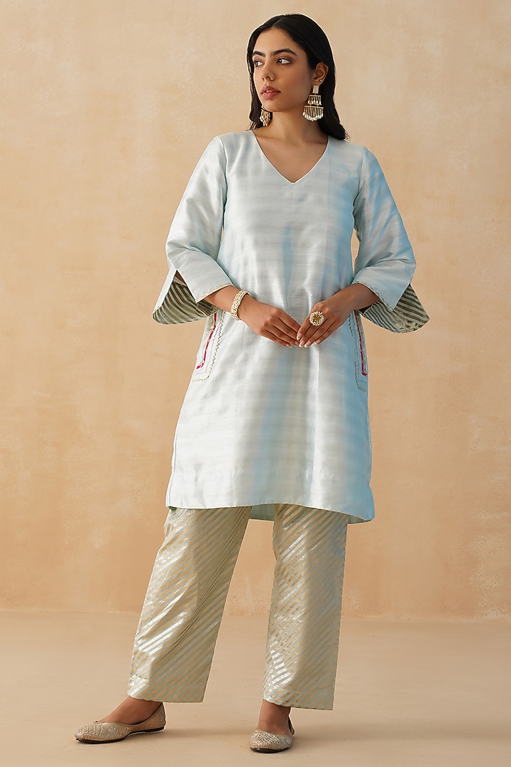 White Dupion Silk Gota Kurta Set by Palak & Mehak at Pernia's Pop Up Shop