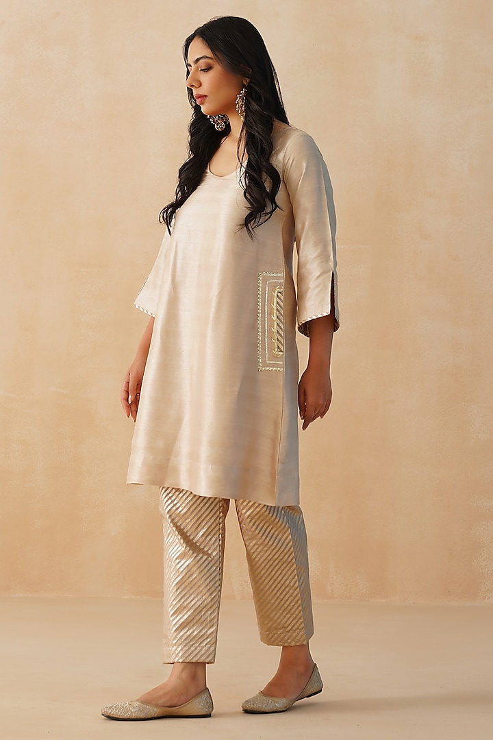 Beige Dupion Silk Gota Kurta Set by Palak & Mehak at Pernia's Pop Up Shop