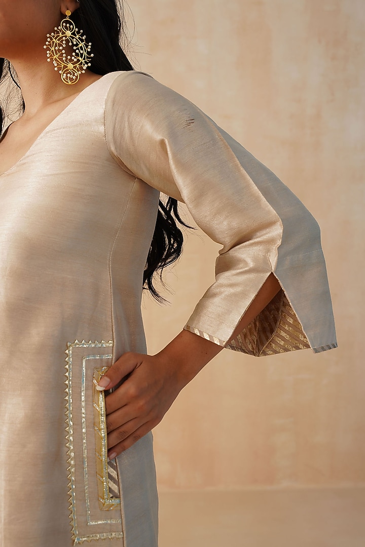 Beige Dupion Silk Gota Kurta Set by Palak & Mehak at Pernia's Pop Up Shop