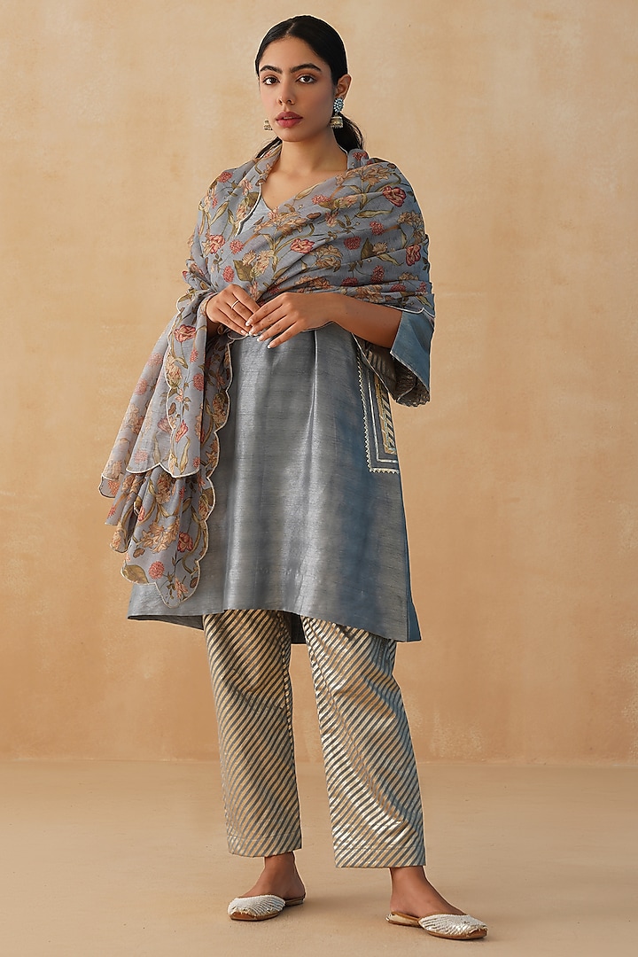 Grey Dupion Silk Gota Kurta Set by Palak & Mehak at Pernia's Pop Up Shop