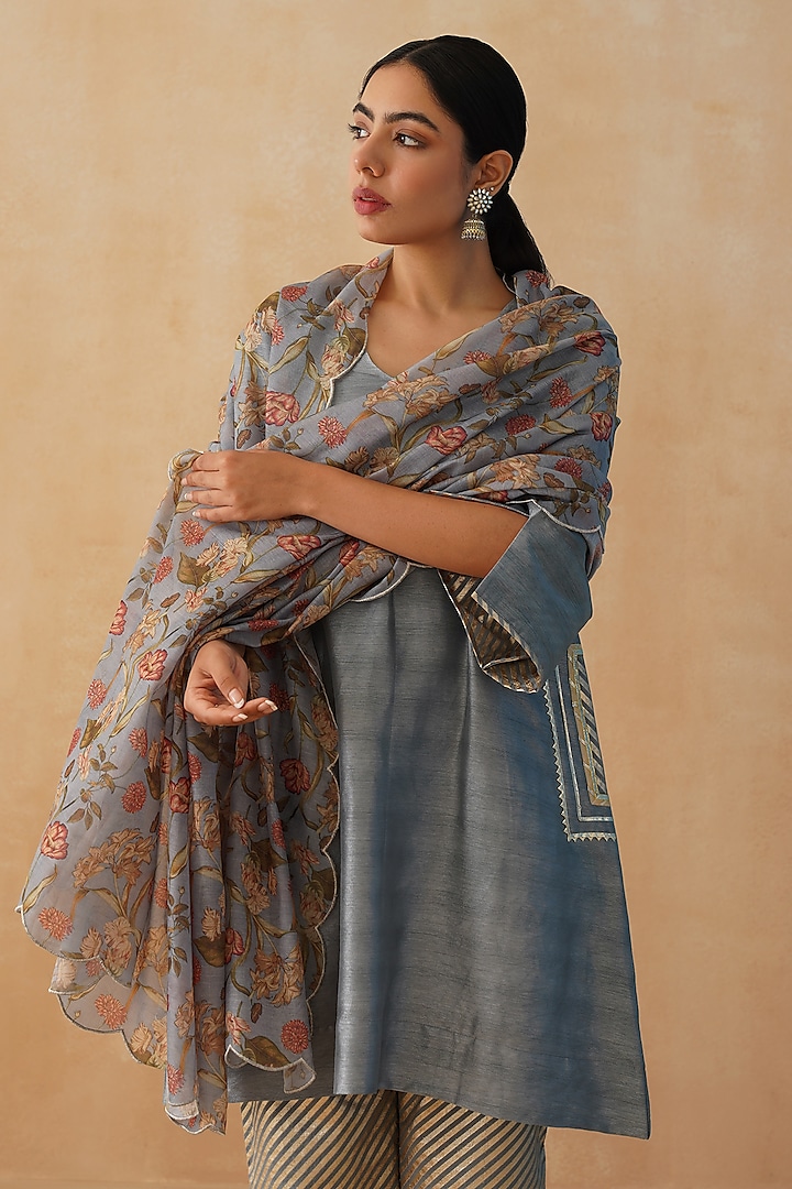 Grey Dupion Silk Gota Kurta Set by Palak & Mehak at Pernia's Pop Up Shop