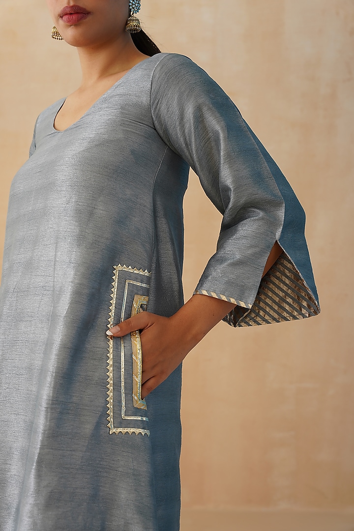 Grey Dupion Silk Gota Kurta Set by Palak & Mehak at Pernia's Pop Up Shop