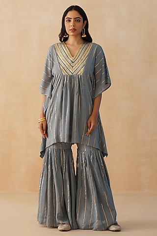 Grey Rayon Crepe Lurex Sharara Set by Palak & Mehak