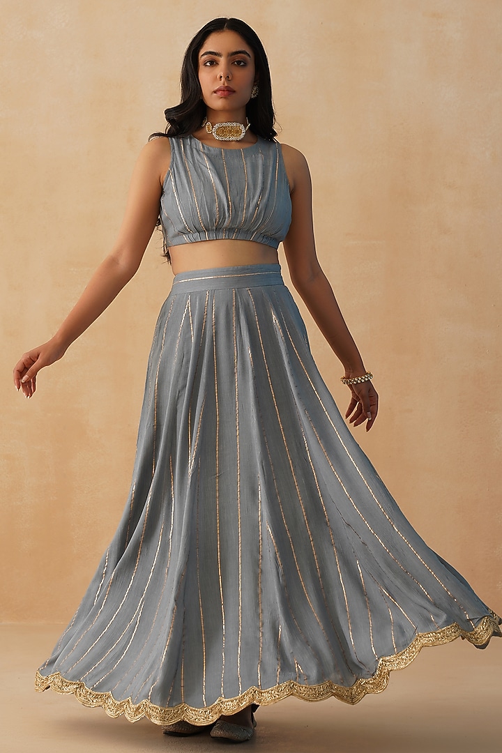 Grey Rayon Lurex Crepe Lehenga Set by Palak & Mehak at Pernia's Pop Up Shop