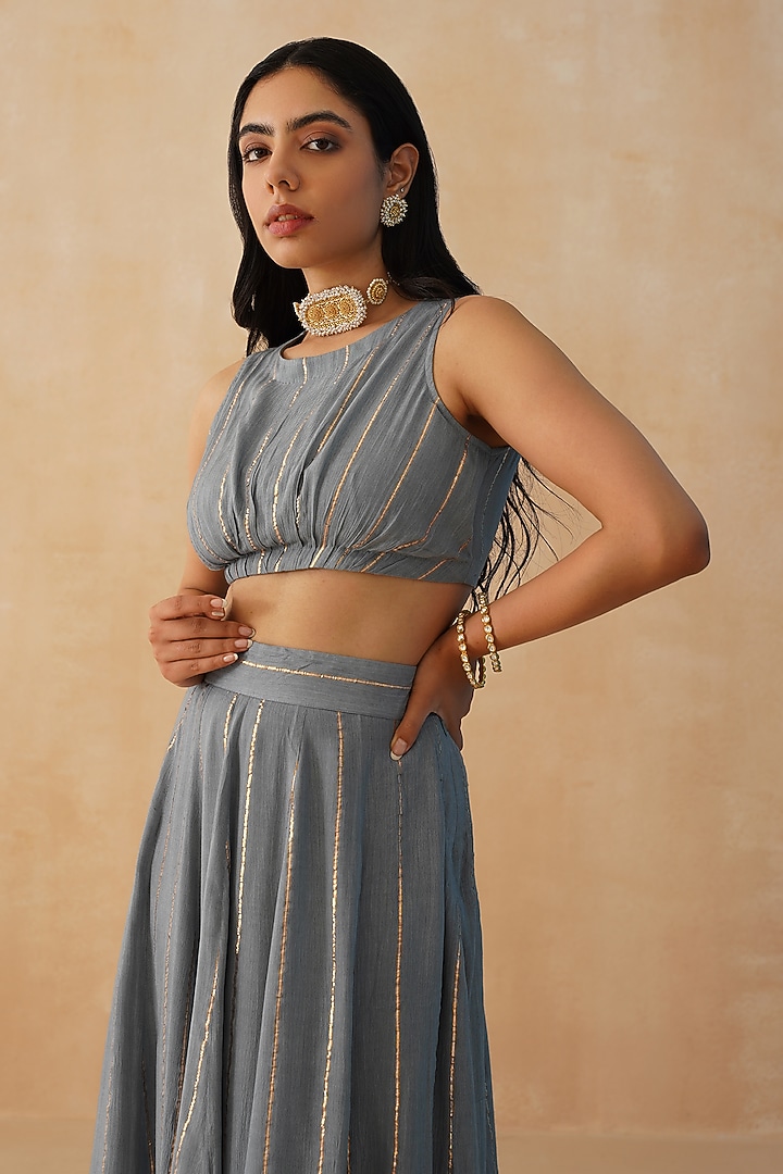 Grey Rayon Lurex Crepe Lehenga Set by Palak & Mehak at Pernia's Pop Up Shop