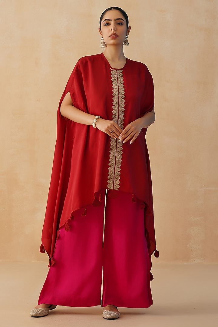 Red Crepe Cape Set by Palak & Mehak at Pernia's Pop Up Shop