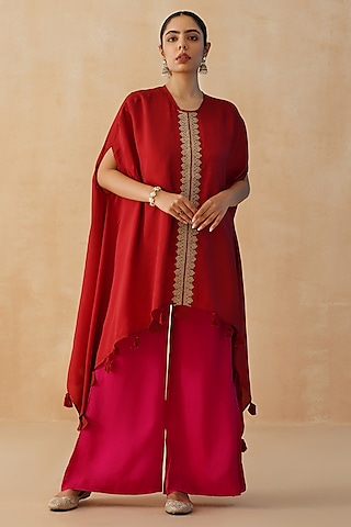 Red Crepe Cape Set by Palak & Mehak