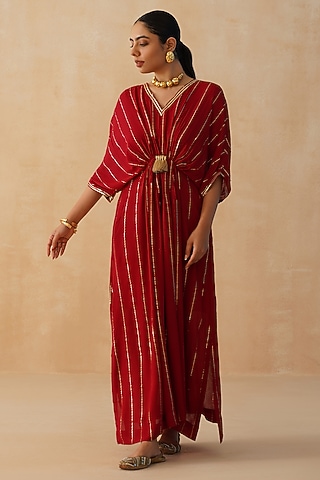 Red Rayon Lurex Crepe Kaftan by Palak & Mehak