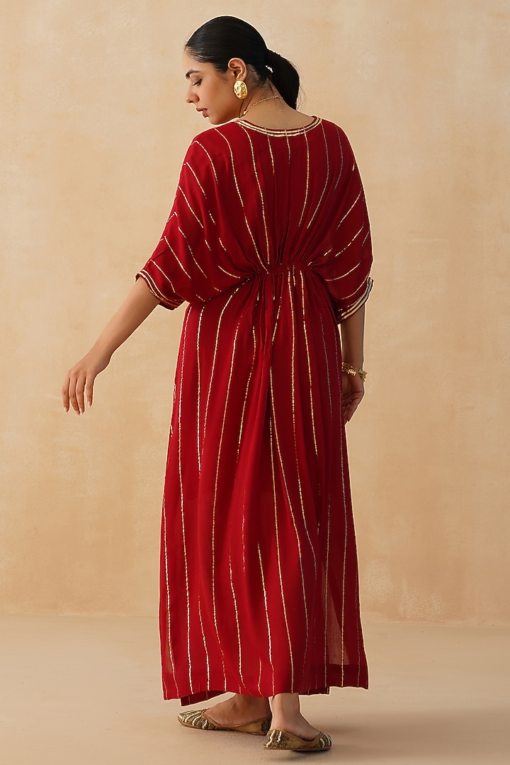 Red Rayon Lurex Crepe Kaftan by Palak & Mehak at Pernia's Pop Up Shop