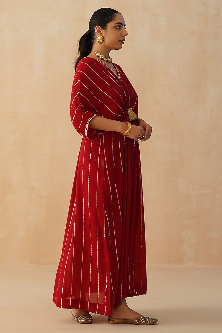 Red Rayon Lurex Crepe Kaftan by Palak & Mehak at Pernia's Pop Up Shop