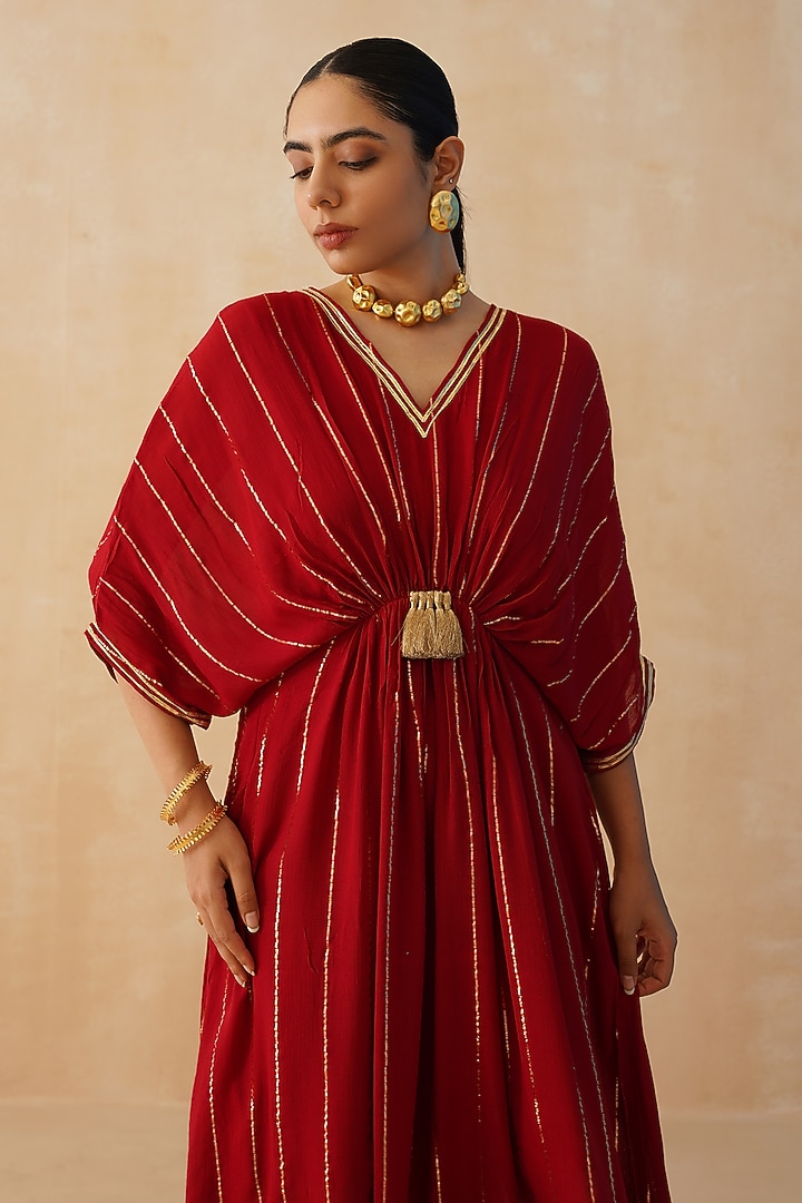 Red Rayon Lurex Crepe Kaftan by Palak & Mehak at Pernia's Pop Up Shop