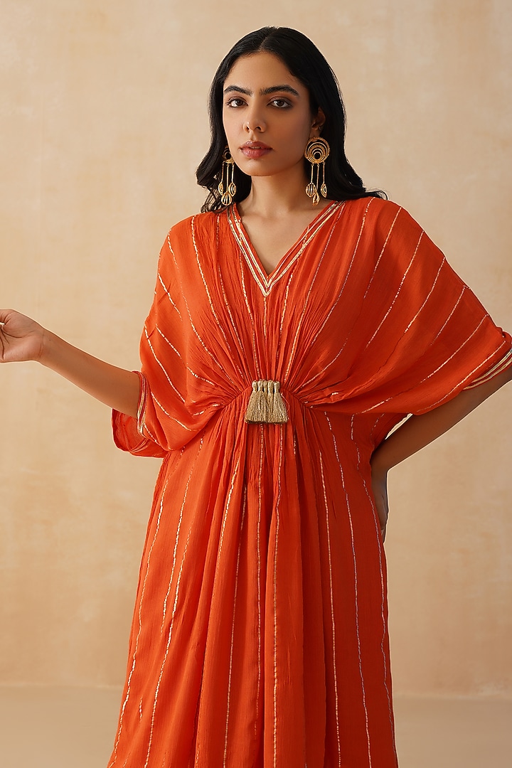 Orange Rayon Lurex Crepe Kaftan by Palak & Mehak at Pernia's Pop Up Shop