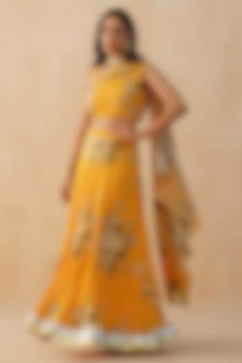 Yellow Crepe Floral Printed Lehenga Set by Palak & Mehak