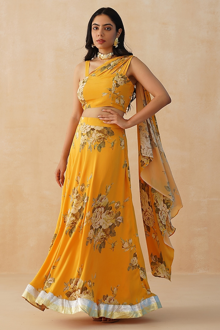 Yellow Crepe Floral Printed Lehenga Set by Palak & Mehak