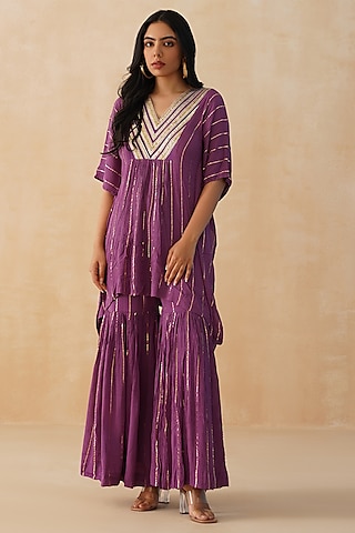 Purple Rayon Crepe Lurex Sharara Set by Palak & Mehak