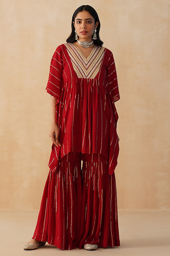 Red Rayon Crepe Lurex Sharara Set by Palak & Mehak at Pernia's Pop Up Shop