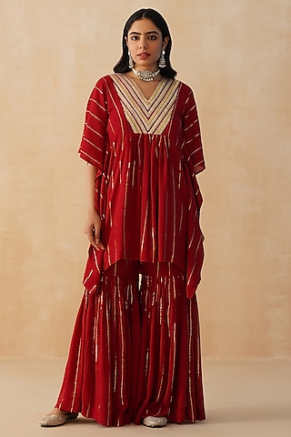 Red Rayon Crepe Lurex Sharara Set by Palak & Mehak