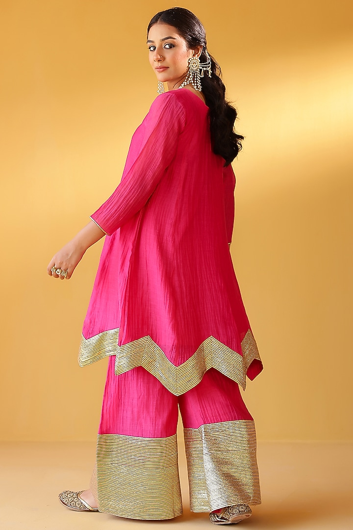 Rani Pink Pure Soft Chanderi Gold Gota Embroidered Party Wear Sharara Set by Palak & Mehak at Pernia's Pop Up Shop
