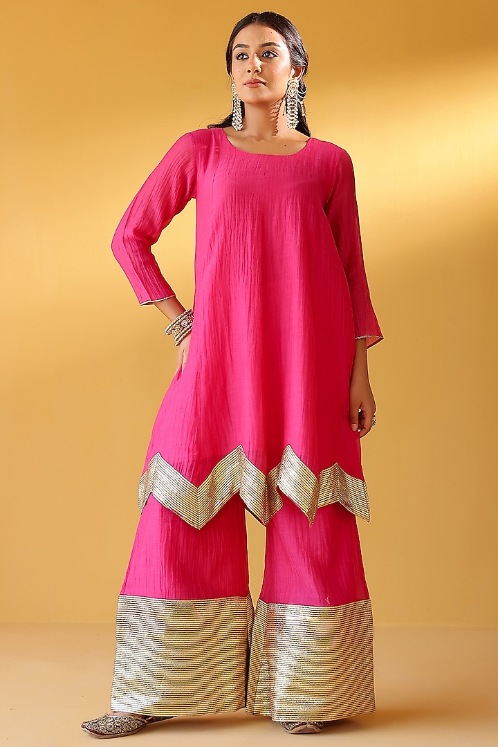 Rani Pink Pure Soft Chanderi Gold Gota Embroidered Party Wear Sharara Set by Palak & Mehak at Pernia's Pop Up Shop