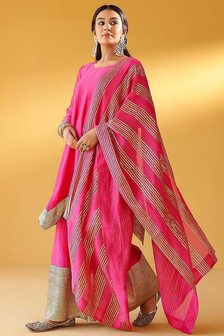 Rani Pink Pure Soft Chanderi Gold Gota Embroidered Party Wear Sharara Set by Palak & Mehak at Pernia's Pop Up Shop