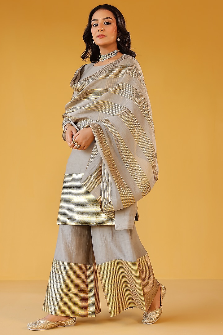 Grey Pure Soft Chanderi Gold Gota Embroidered Party Wear Sharara Set by Palak & Mehak at Pernia's Pop Up Shop