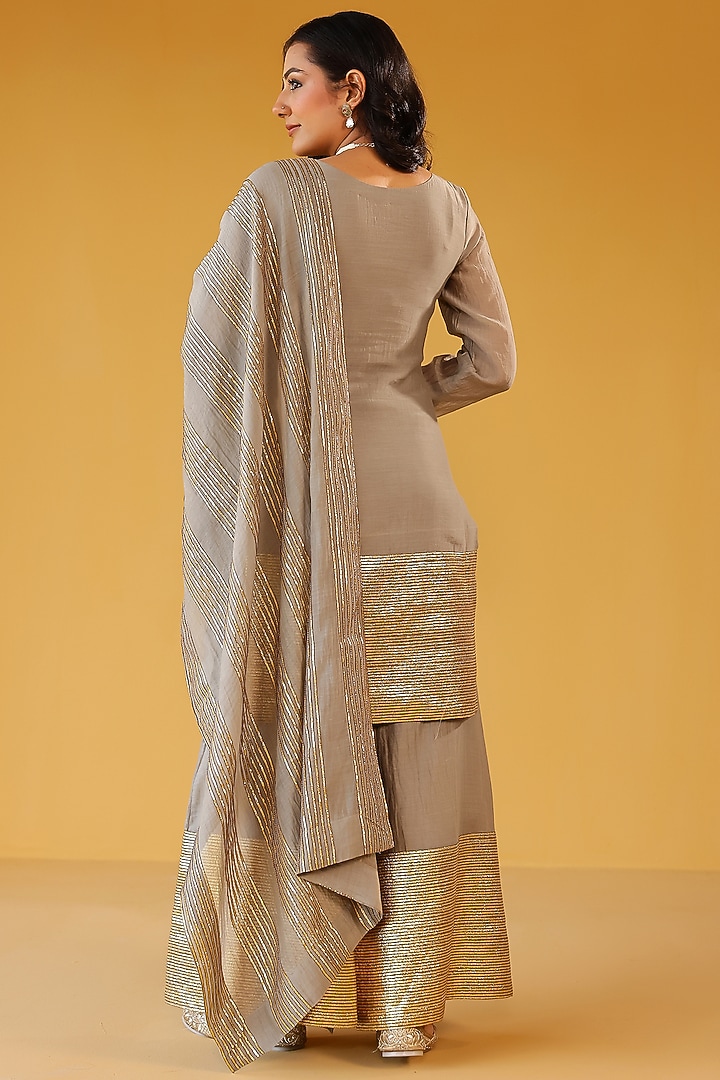 Grey Pure Soft Chanderi Gold Gota Embroidered Party Wear Sharara Set by Palak & Mehak at Pernia's Pop Up Shop