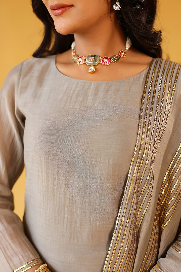 Grey Pure Soft Chanderi Gold Gota Embroidered Party Wear Sharara Set by Palak & Mehak at Pernia's Pop Up Shop