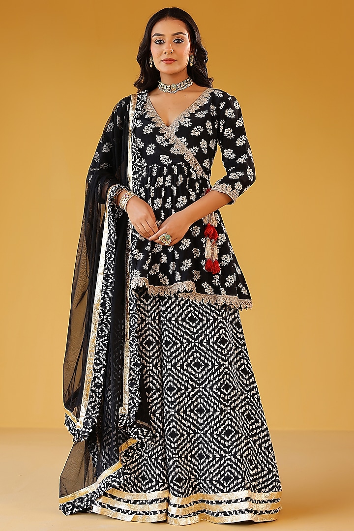 Black Pure Crepe Gota Embroidered Palazzo Pant Set by Palak & Mehak at Pernia's Pop Up Shop