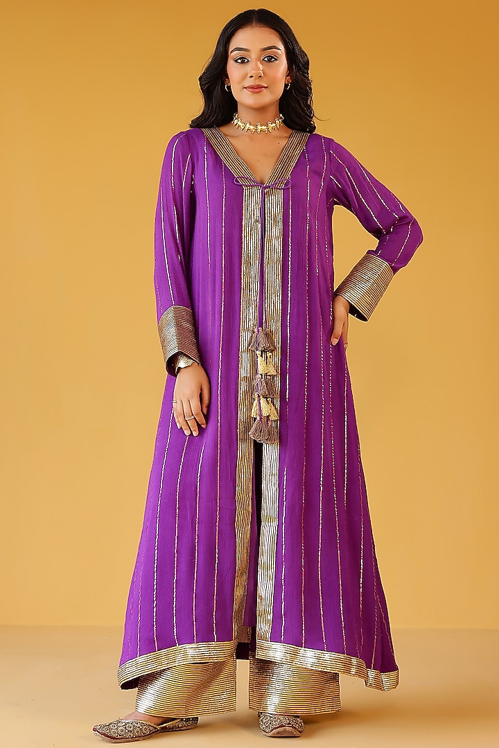 Royal Purple Rayon Crepe Gota Hand Embellished Jacket Set by Palak & Mehak at Pernia's Pop Up Shop