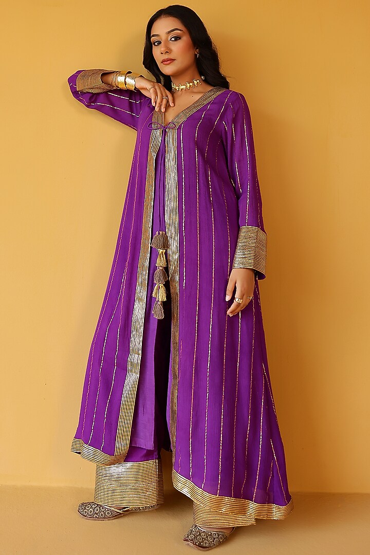 Royal Purple Rayon Crepe Gota Hand Embellished Jacket Set by Palak & Mehak at Pernia's Pop Up Shop
