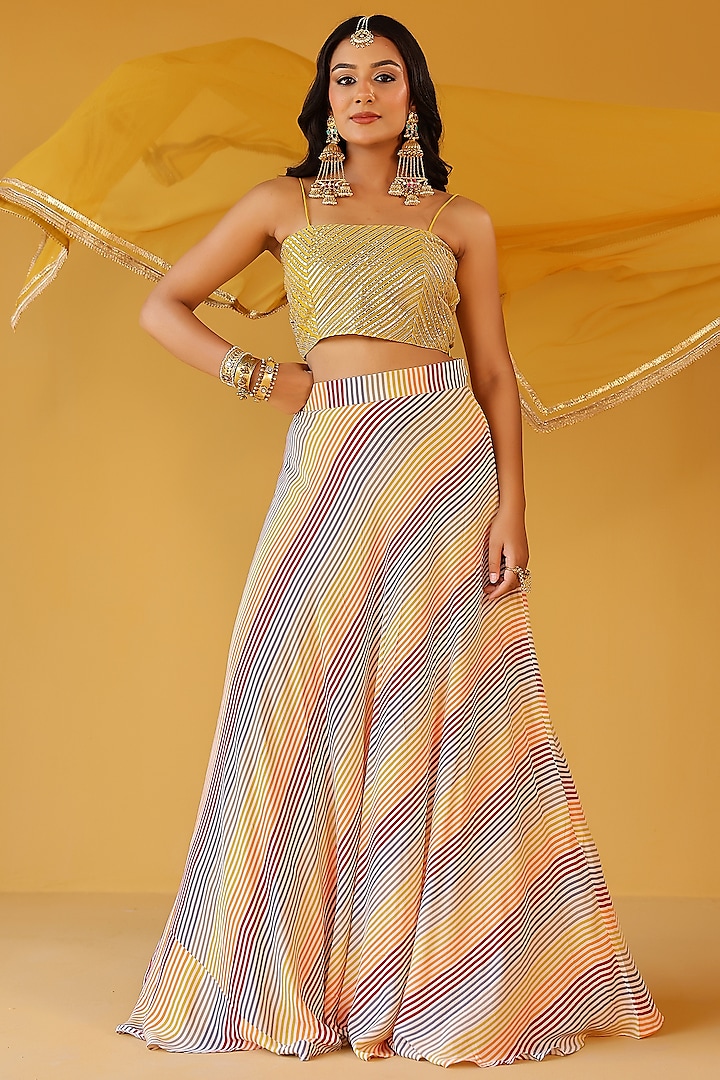 Multi-Colored Chanderi Gota Embellished Lehenga Set by Palak & Mehak at Pernia's Pop Up Shop