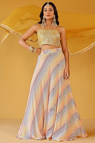 Multi-Colored Chanderi Gota Embellished Lehenga Set by Palak & Mehak