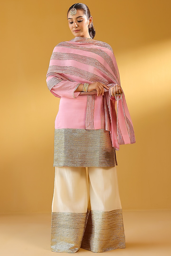 Off-White Pure Soft Chanderi Gold Gota Embroidered Party Wear Sharara Set by Palak & Mehak at Pernia's Pop Up Shop