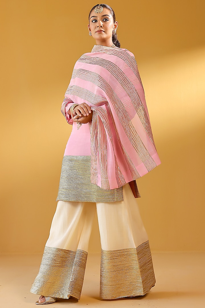 Off-White Pure Soft Chanderi Gold Gota Embroidered Party Wear Sharara Set by Palak & Mehak at Pernia's Pop Up Shop