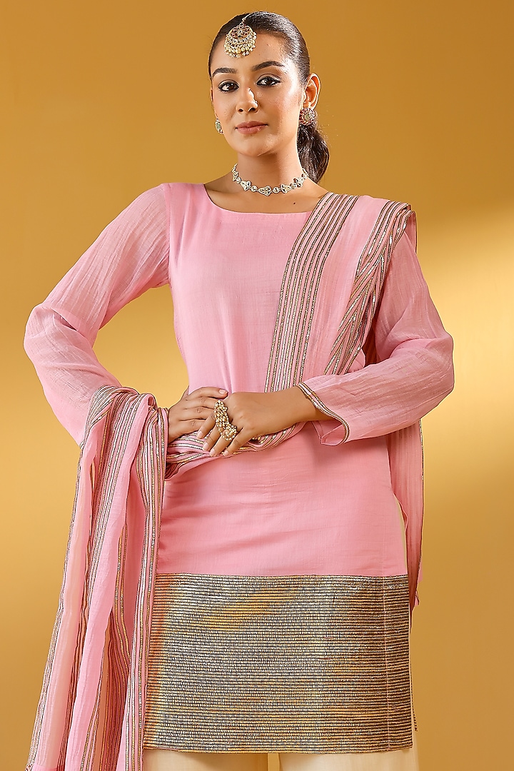 Off-White Pure Soft Chanderi Gold Gota Embroidered Party Wear Sharara Set by Palak & Mehak at Pernia's Pop Up Shop
