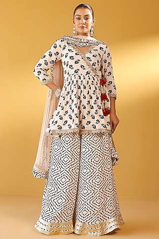 Cream Pure Crepe Gota Embroidered Palazzo Pant Set by Palak & Mehak