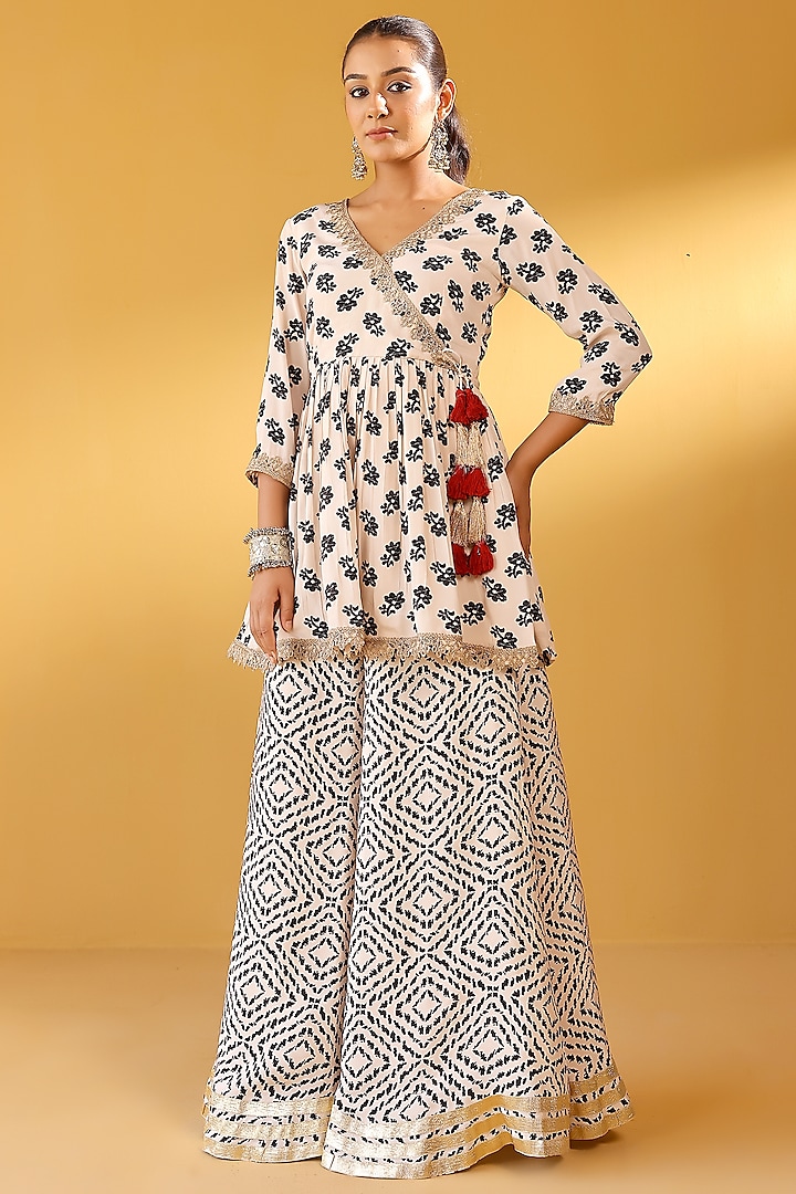 Cream Pure Crepe Gota Embroidered Palazzo Pant Set by Palak & Mehak at Pernia's Pop Up Shop