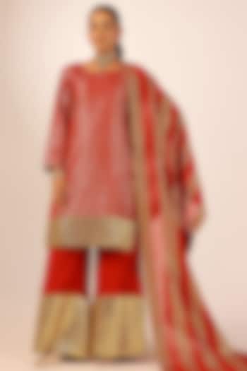 Red Banarasi Chanderi Gold Gota Embroidered Party Wear Sharara Set by Palak & Mehak at Pernia's Pop Up Shop