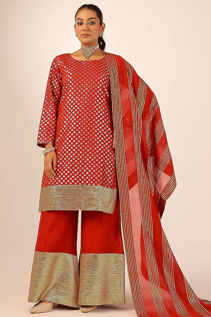 Red Banarasi Chanderi Gold Gota Embroidered Party Wear Sharara Set by Palak & Mehak at Pernia's Pop Up Shop