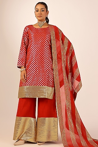 Red Banarasi Chanderi Gold Gota Embroidered Sharara Set by Palak & Mehak