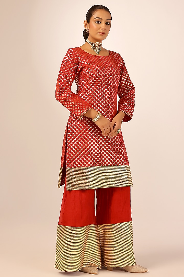 Red Banarasi Chanderi Gold Gota Embroidered Party Wear Sharara Set by Palak & Mehak at Pernia's Pop Up Shop
