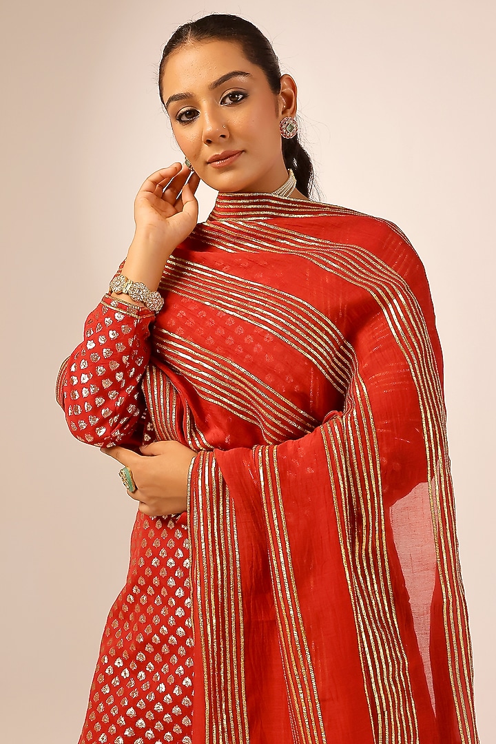 Red Banarasi Chanderi Gold Gota Embroidered Party Wear Sharara Set by Palak & Mehak at Pernia's Pop Up Shop