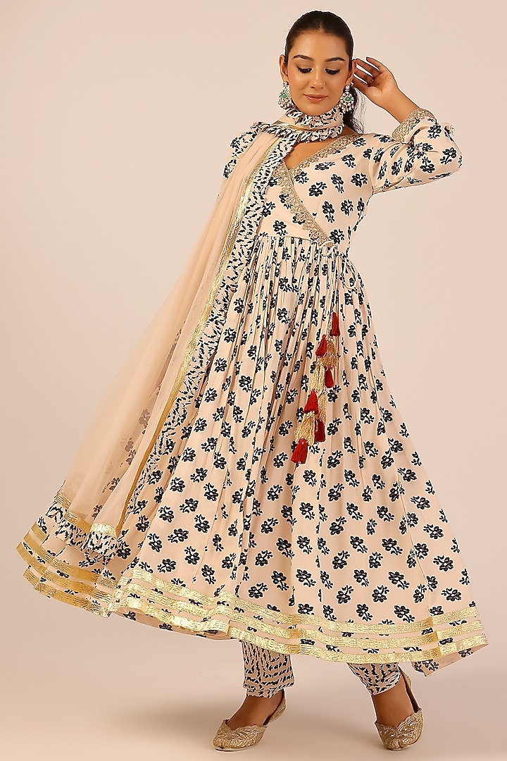 Cream Pure Crepe Party Wear Anarkali Set by Palak & Mehak at Pernia's Pop Up Shop