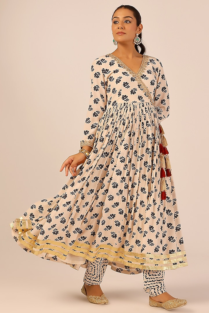 Cream Pure Crepe Party Wear Anarkali Set by Palak & Mehak at Pernia's Pop Up Shop