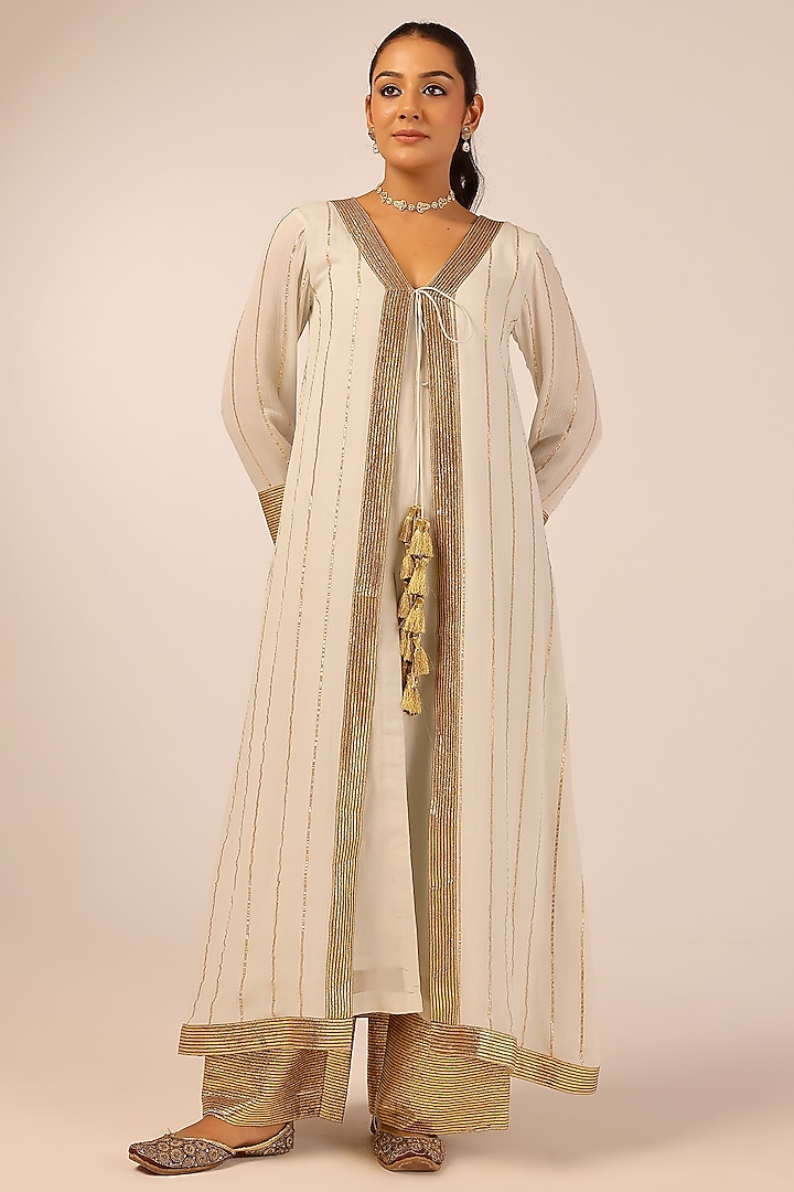 Light Grey Rayon Crepe Gota Hand Embellished Jacket Set by Palak & Mehak at Pernia's Pop Up Shop