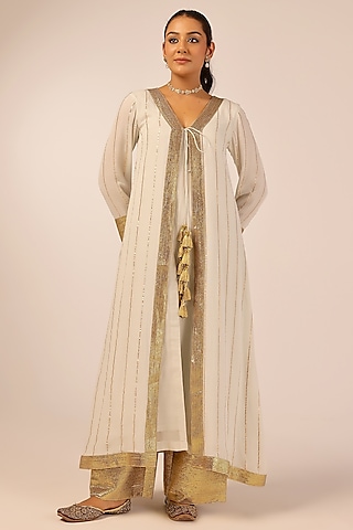 Light Grey Rayon Crepe Gota Hand Embellished Jacket Set by Palak & Mehak