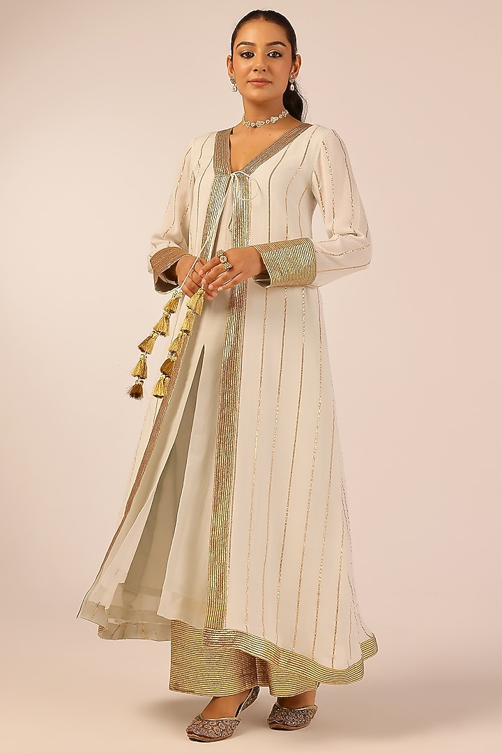 Light Grey Rayon Crepe Gota Hand Embellished Jacket Set by Palak & Mehak at Pernia's Pop Up Shop