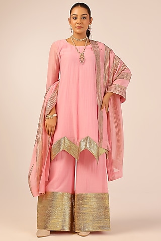 Light Pink Pure Soft Chanderi Gold Gota Embroidered Sharara Set by Palak & Mehak