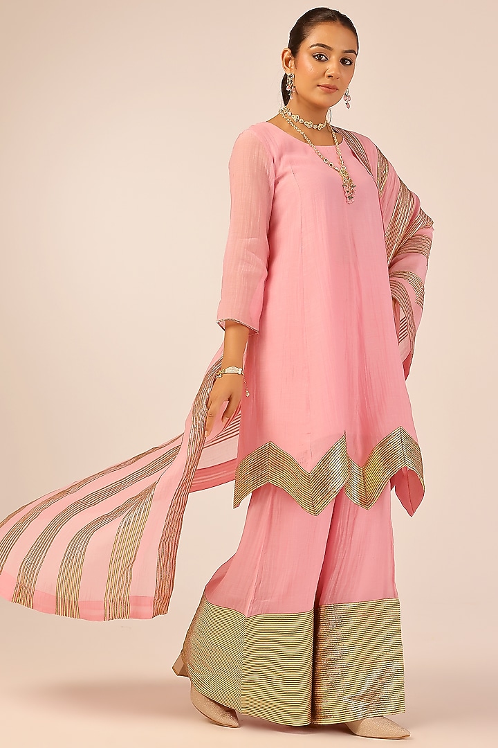 Light Pink Pure Soft Chanderi Gold Gota Embroidered Party Wear Sharara Set by Palak & Mehak at Pernia's Pop Up Shop